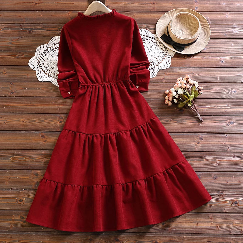 Pleated Vintage Style Long Sleeve Dress