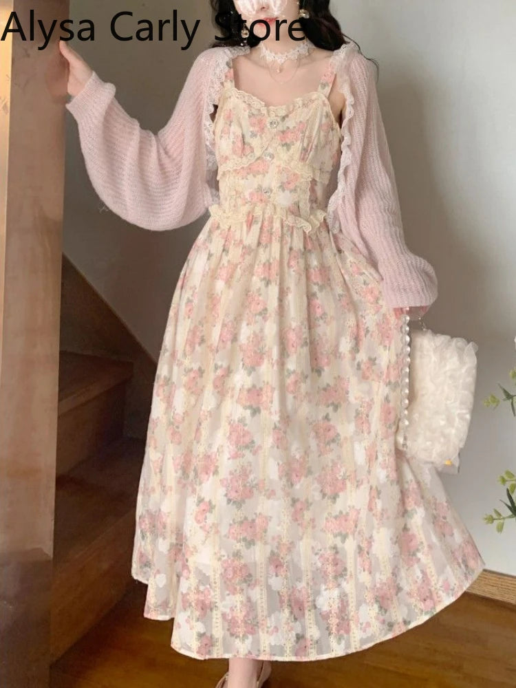 Floral Lace Strap Floral Vintage Long Dress