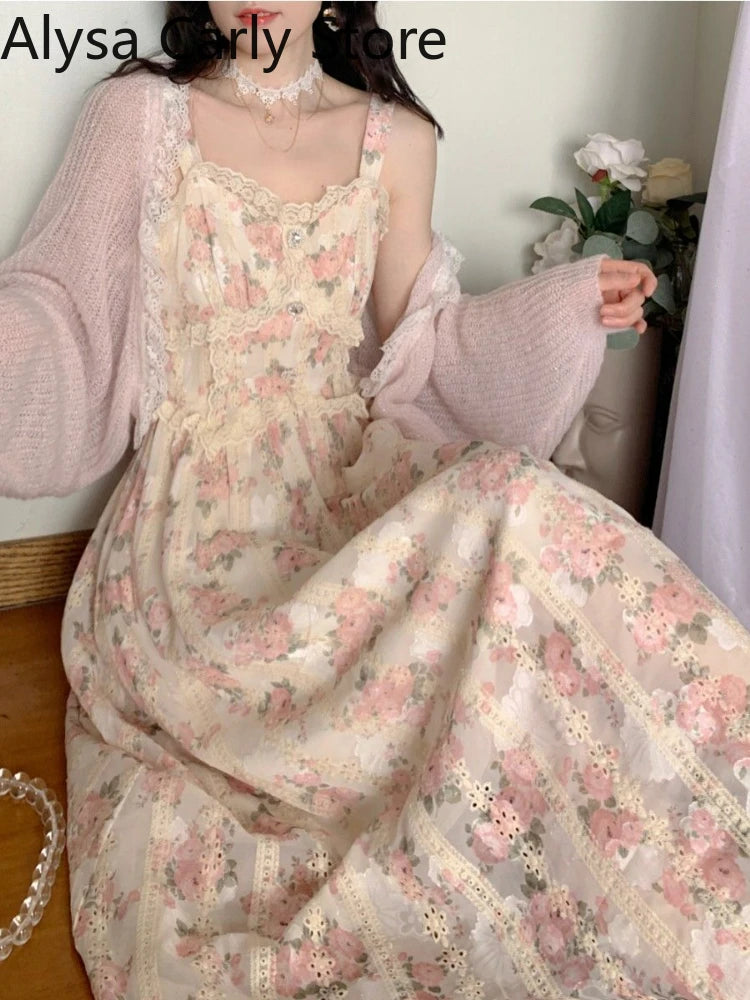 Floral Lace Strap Floral Vintage Long Dress