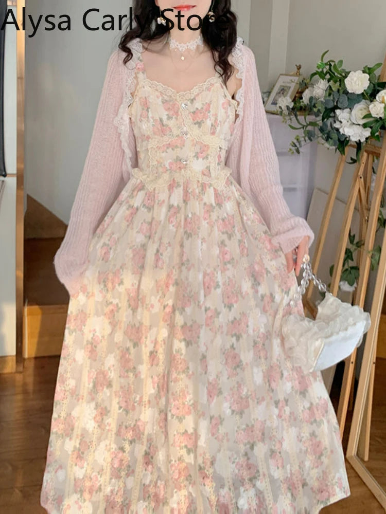 Floral Lace Strap Floral Vintage Long Dress