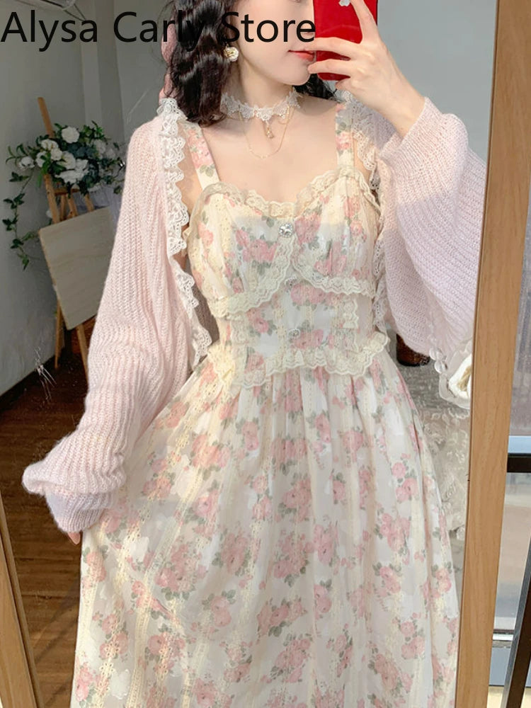 Floral Lace Strap Floral Vintage Long Dress